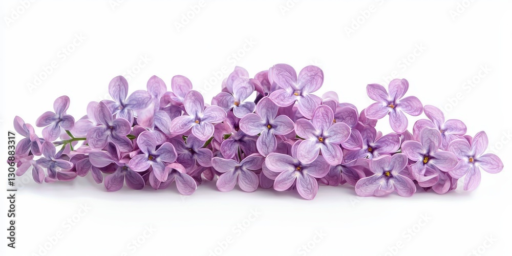 A cluster of fresh lilac flowers in soft purple tones, isolated on white background