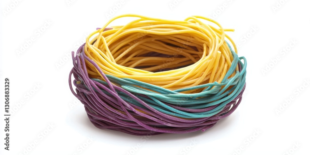 A creative food presentation of multicolored spaghetti twisted into a decorative nest, featuring bright shades of yellow, purple, and teal, isolated on a white background A creative food presentation of multicolored spaghetti twisted into a decorative nest, featuring bright shades of yellow, purple, and teal, isolated on a white background