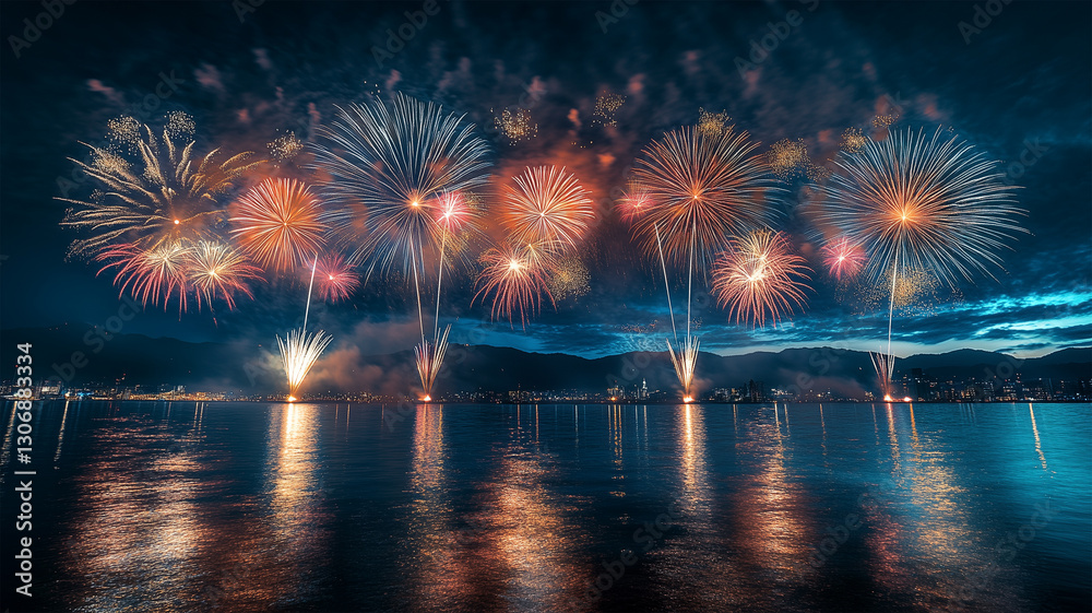Fototapeta premium 海上に映る打ち上げ花火と波しぶきが織りなす幻想的な光景