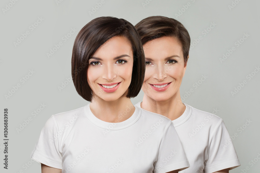 Positive young model woman and mature woman. Two female faces collage set. Positive young model woman and mature woman. Two female faces collage set.