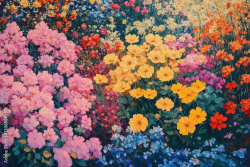 Vibrant oil painting reveals a stunning garden filled with colorful blooms, showcasing the brilliance of nature's artistry and inspiring creativity for art enthusiasts and nature lovers