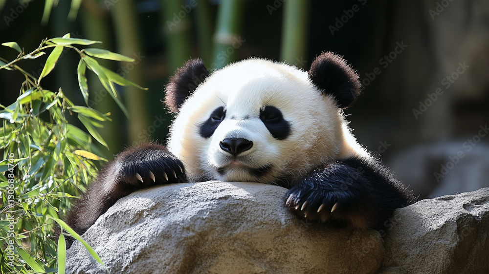 Fototapeta premium うとうとしながら目を閉じるパンダのリラックスした表情