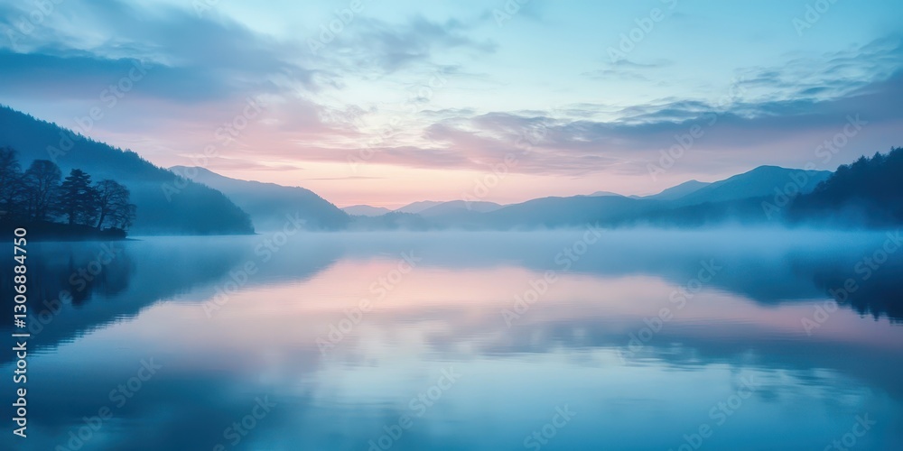 Obraz premium A peaceful lakeside at dawn, the water like glass reflecting the pastel hues of the sky as morning mist drifts over the surface