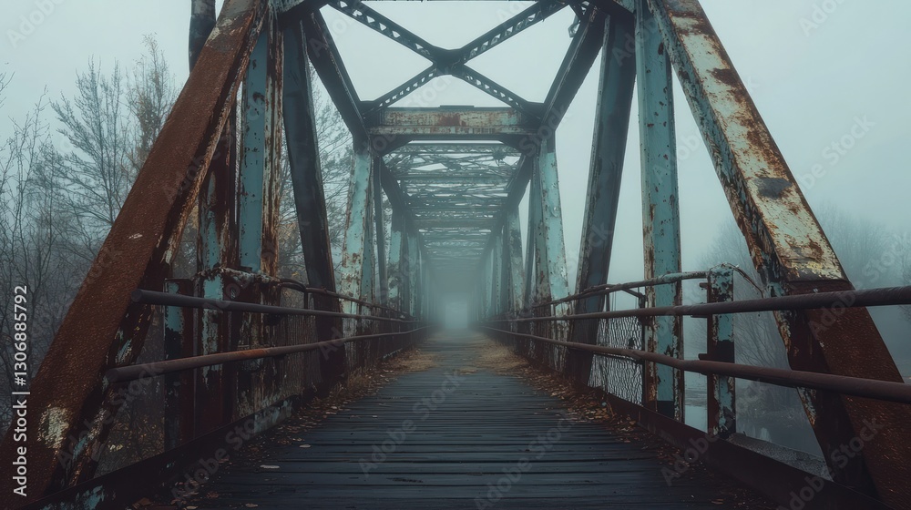 Foggy, Rusty Bridge Path Through Trees Foggy, Rusty Bridge Path Through Trees