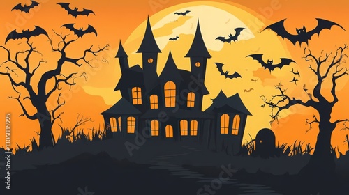 Enigmatic Halloween Haunt: A Spooky Mansion Amidst a Bat-Filled Twilight