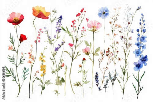 Charming watercolor wildflower assortment for fall celebrations and home decor. Ideal for invitations, greeting cards, apparel prints, backgrounds, and distinctive wrapping ideas