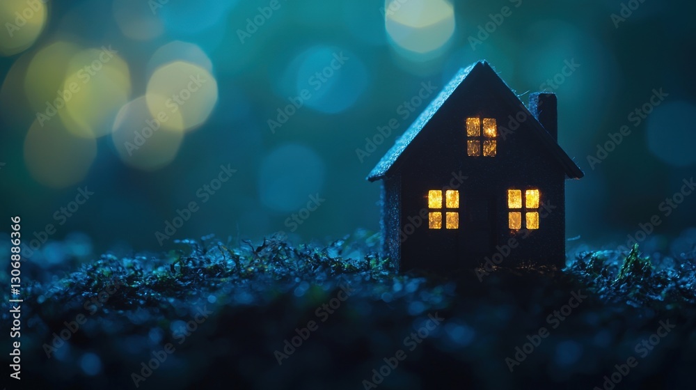 Illuminated miniature house on moss at night. Illuminated miniature house on moss at night.