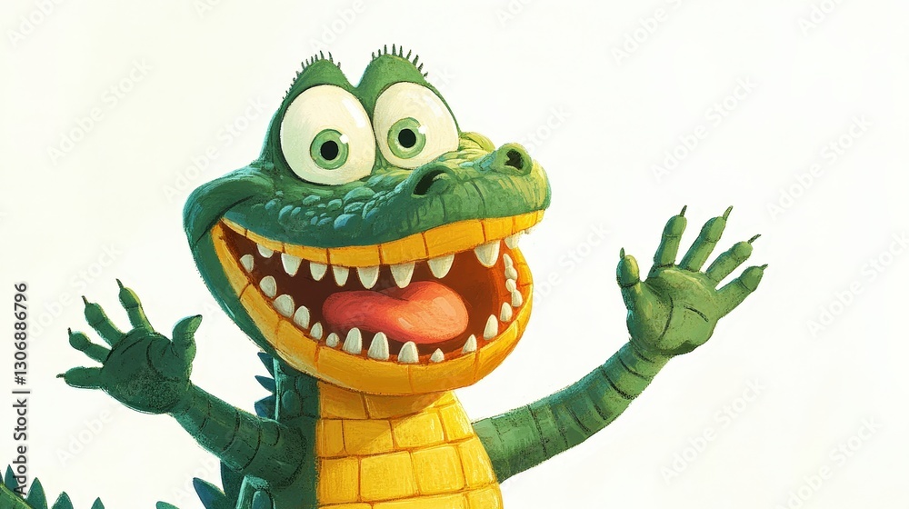 Fototapeta premium A vividly illustrated crocodile's head, jaws agape revealing a tongue, set against an elaborate pattern of greens and yellows, capturing realism and detail