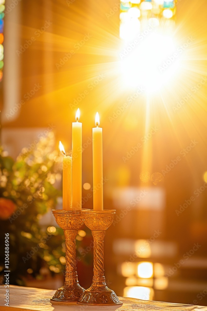 Fototapeta premium Paschal Candle (Osterkerze) 2020 on Altar with Sun Rays Background
