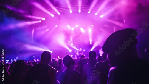 Nightclub crowd enjoying music with vibrant purple lights and dynamic atmosphere