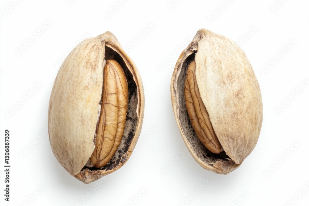 Pecan Halves on White Background. Snack Concept of Organic and Healthy Pecan Seed Pecan Halves on White Background. Snack Concept of Organic and Healthy Pecan Seed