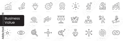 business value icon set. Agility, Synergy, Optimization, Scalability, Trust, Insight, Expansion, Analytics, Vision, Excellence, Investment, Success, Collaboration, 