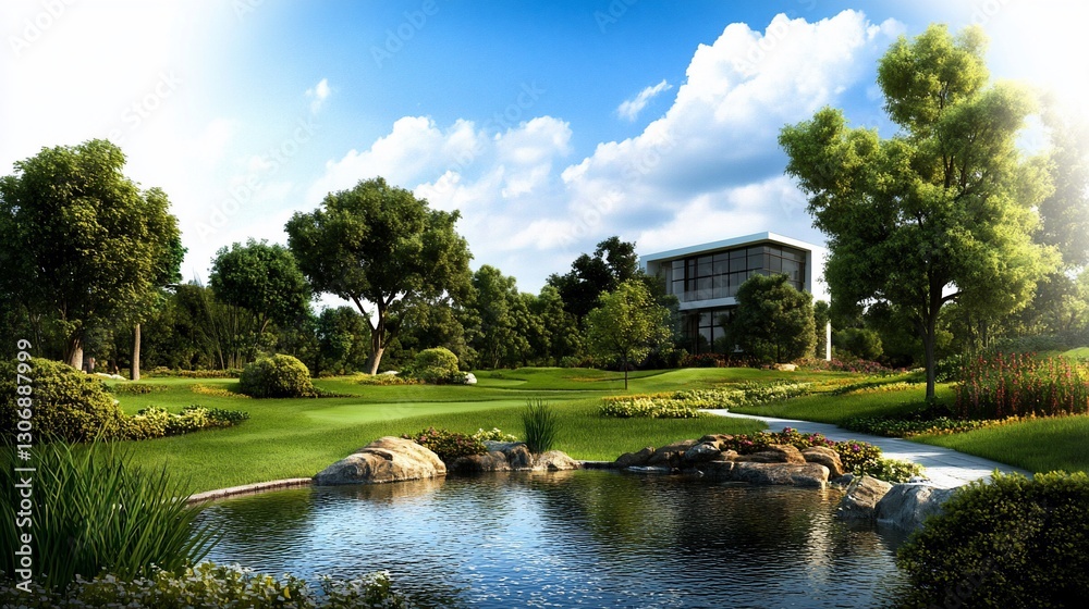 Fototapeta premium Serene Lakeside Golf Course Estate
