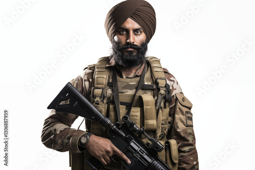 Indian Soldier in Uniform on White Background – Proud, Disciplined, and Brave Military Man Representing Strength, Leadership, and Commitment to Service in the Indian Army with Honor and Courage