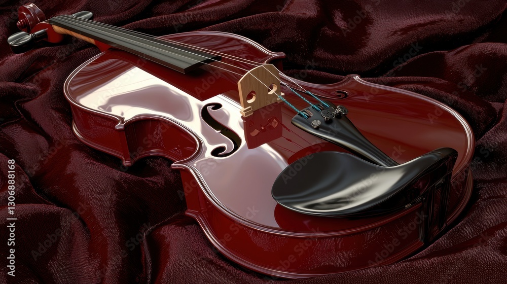 Obraz premium Digital illustration of a violin lying on a dark red satin fabric. the violin is in the center of the image, with its body facing towards the left side of the frame.