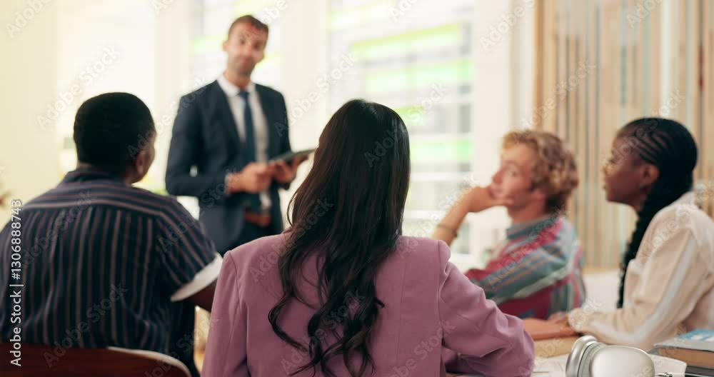 Lecture, question and college with people in classroom for education, speaker and mentor. Learning, knowledge and teacher with University students in school for studying, professor and scholarship