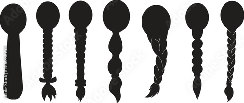 Hair Braided Silhouette icon set. There's a bun, a braid a loose wavy hairstyle. long female fashion plait. Vector of human hair in natural black color ribbon isolated on transparent background