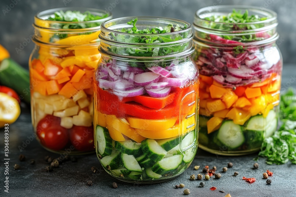 Layered vegetable and fruit salad in a jar with vibrant colors Layered vegetable and fruit salad in a jar with vibrant colors