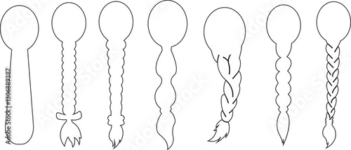 Hair Braided Silhouette icon set. There's a bun, a braid a loose wavy hairstyle. long female fashion plait. Vector of human hair in natural black color ribbon isolated on transparent background