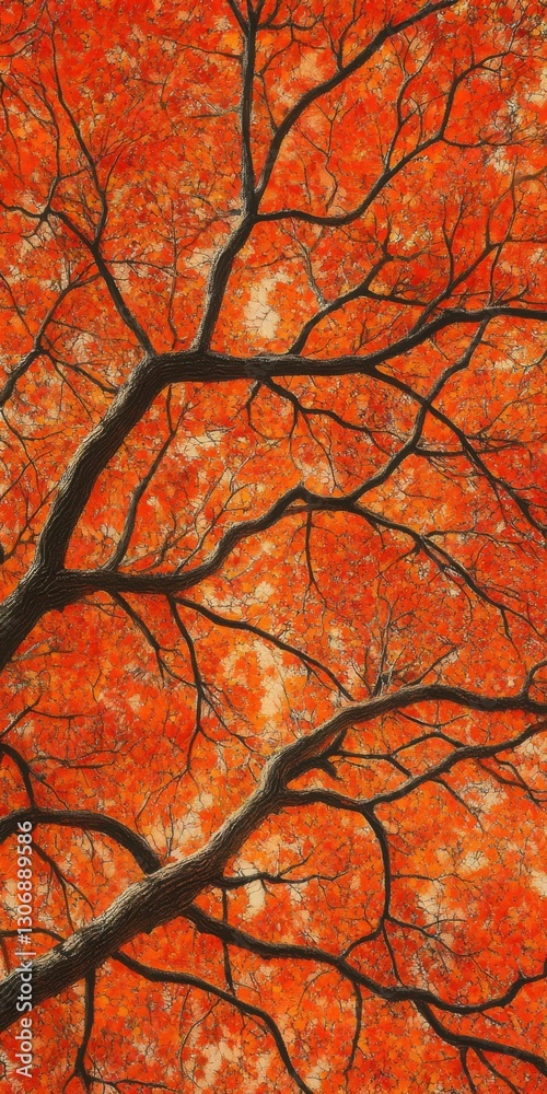 Pin Oak Tree in Autumn: Vibrant Orange Leaves and Red Tree Branches Pin Oak Tree in Autumn: Vibrant Orange Leaves and Red Tree Branches