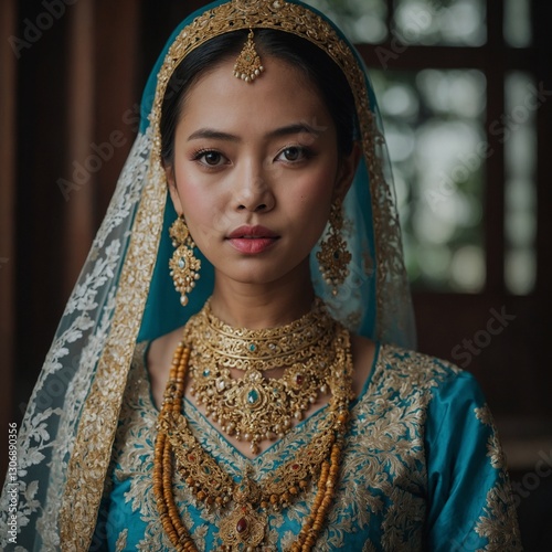 A Malaysian girl in a traditional wedding dress, looking stunning.