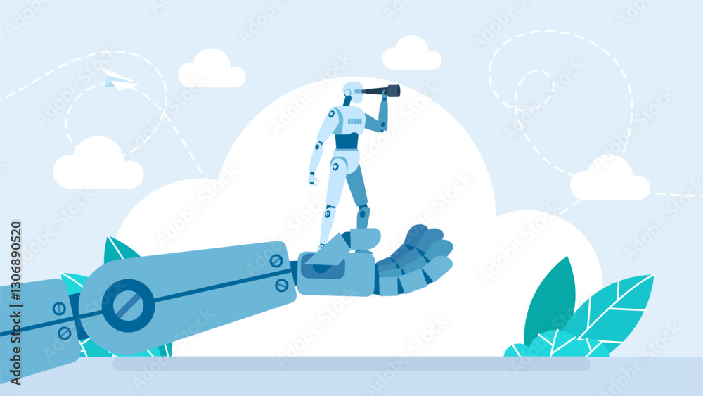 A robotic hand holds a robot looking into a telescope. Self-development of robots and their systems. Harm of artificial intelligence to itself. AI. The robot arm close-up. Vector illustration