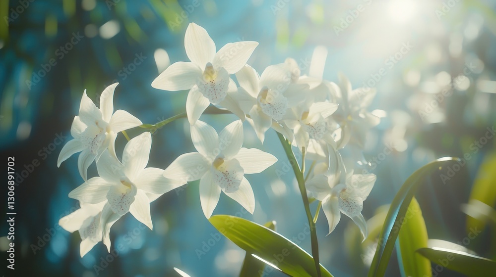 Fototapeta premium Sunlit white orchids in lush green forest.
