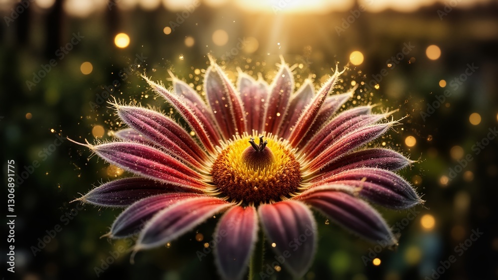 A close up of a flower with a yellow center and pink petals