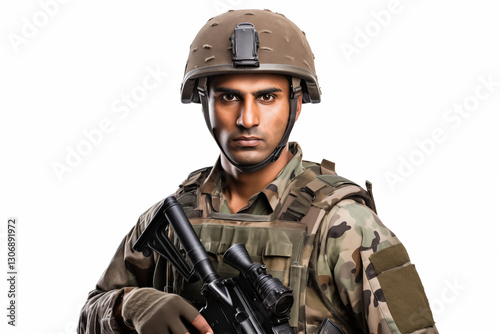 Indian Soldier in Uniform on White Background – Proud, Disciplined, and Brave Military Man Representing Strength, Leadership, and Commitment to Service in the Indian Army with Honor and Courage