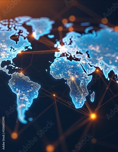 Global logistics network map with glowing connections between continents. International trade supply chain concept visualization. Blue digital datum pattern abstract futuristic diagram. Business