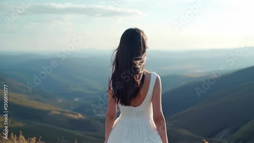 girl with beautiful black hair in a white dress walks in slow motion on a spring mountain landscape. black hair blowing in the wind, back view. the concept of self-awareness. Generative Ai