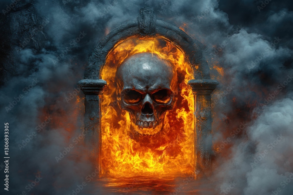Sinful Curse Hell Gate: Illustration of Scary Skull Wall with Path to Hellish Death