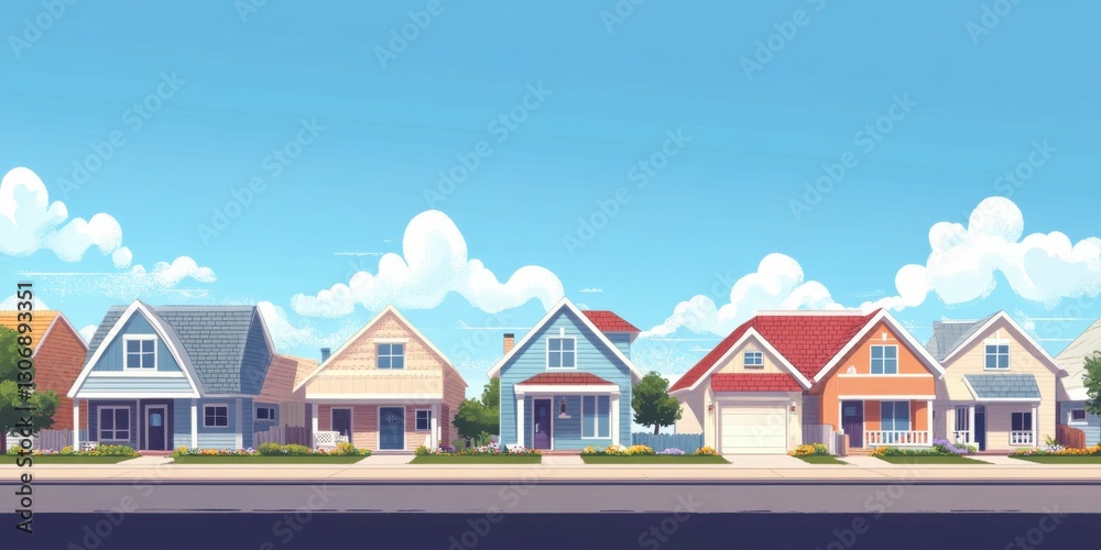 Single Story Home in Suburban Street with Blue Sky Background Single Story Home in Suburban Street with Blue Sky Background