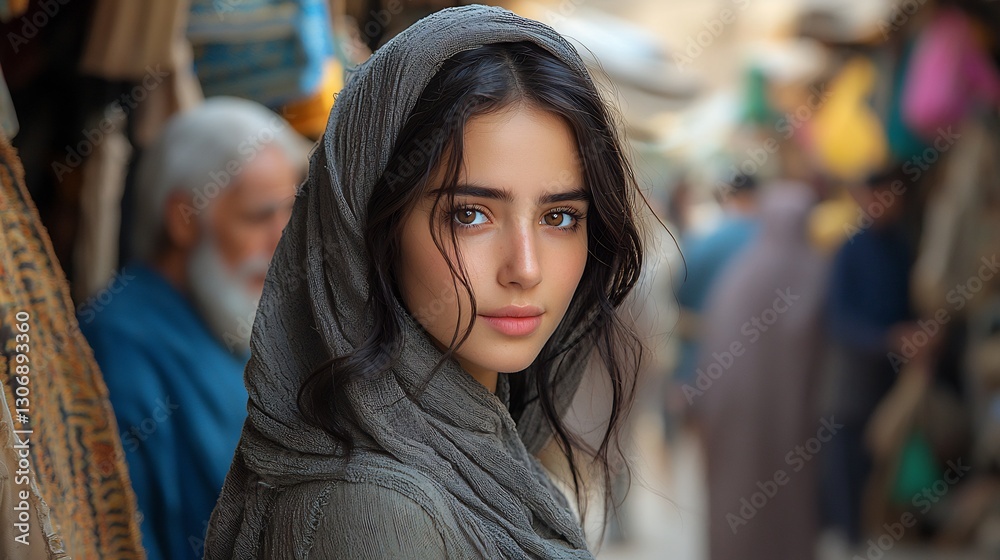 Fototapeta premium Young woman in modern attire facing judgment from elders in a traditional market highlighting generational conflicts