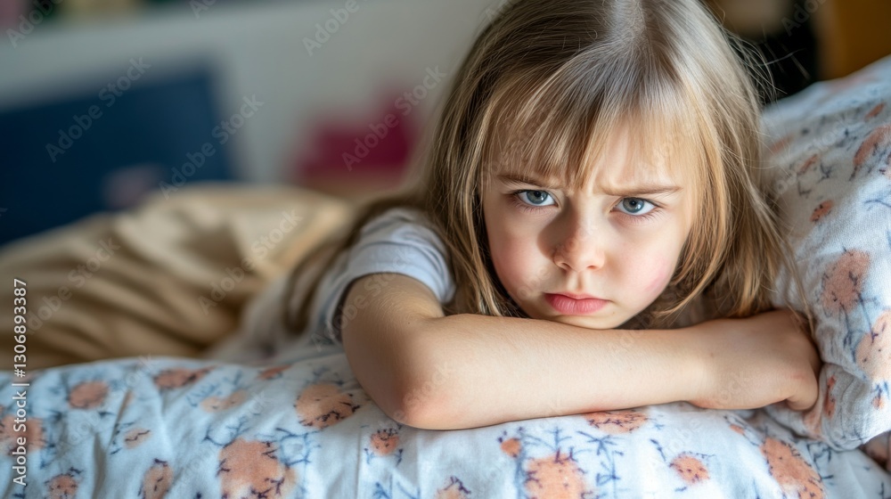 Fototapeta premium Sad Child Laying on Bed with Concerned Expression in Room