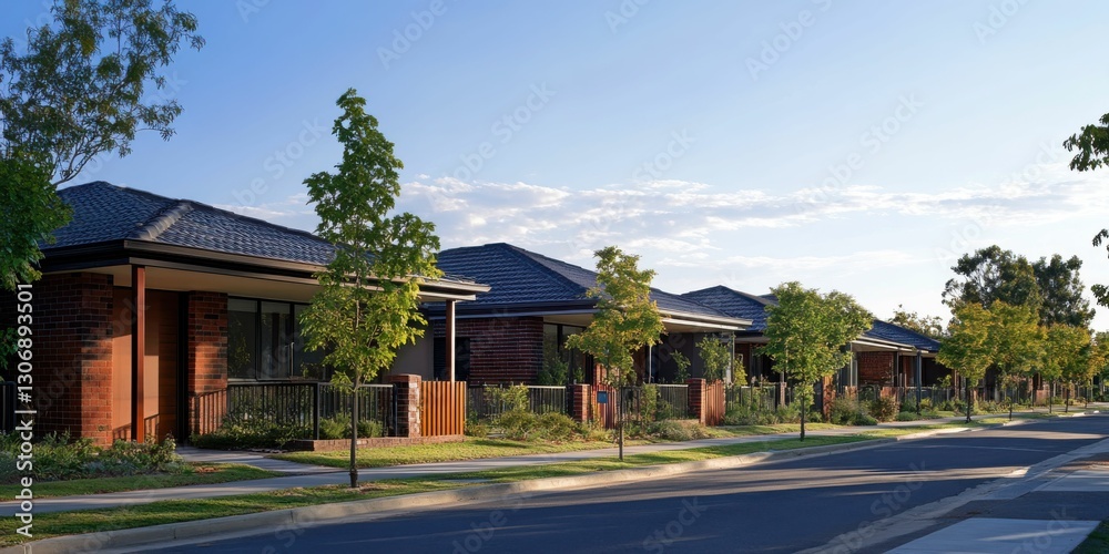 Single Story Home. Row of Houses in a Suburban Neighborhood with Clear Blue Sky