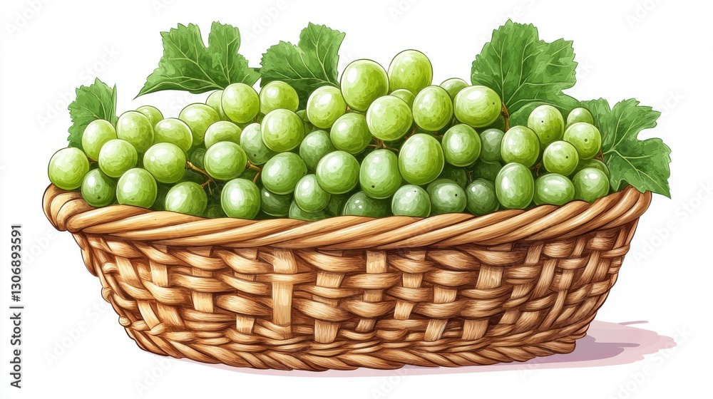 wicker basket with fresh green grapes isolated,cartoon illustration style wicker basket with fresh green grapes isolated,cartoon illustration style