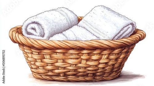 wicker basket with neatly folded white towels isolated,cartoon illustration style