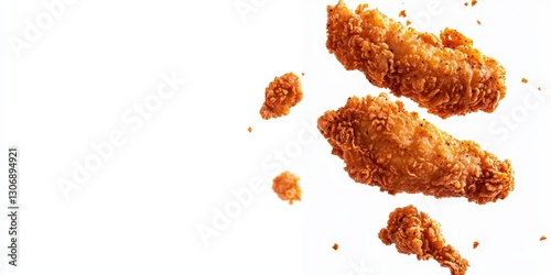 Crispy fried chicken tenders tossed in Cajun seasoning floating on a pure white background
