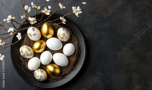 Easter banner with golden and white porcelain eggs in a bird's nest on a black gloss background, top view, 