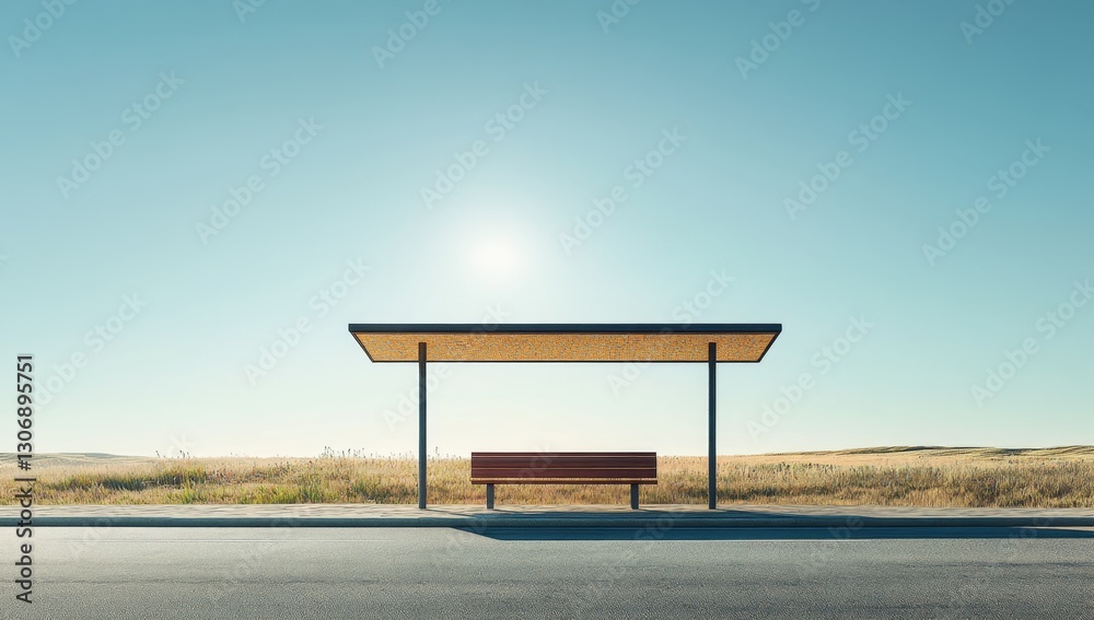 Empty bus stop, sunny meadow, tranquil scene Empty bus stop, sunny meadow, tranquil scene
