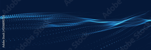 Futuristic dot wave. Abstract digital particle wave. Technology background. Colored musical wave. Dark background. Digital background with smooth, wavy curves. 3D vector illustration