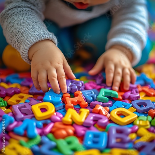 Bright and colorful background with a child playing with alphabet letters, engaging educational play, fun and imaginative atmosphere