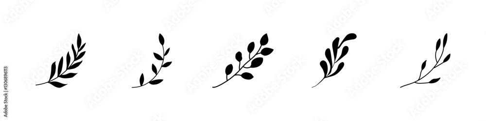 Organic branches icon set. Organic minimalist silhouette summer and spring branches with leaves. Simple flower logo design element. Botanical simple. Plant icon set. Vector illustration. Organic branches icon set. Organic minimalist silhouette summer and spring branches with leaves. Simple flower logo design element. Botanical simple. Plant icon set. Vector illustration.