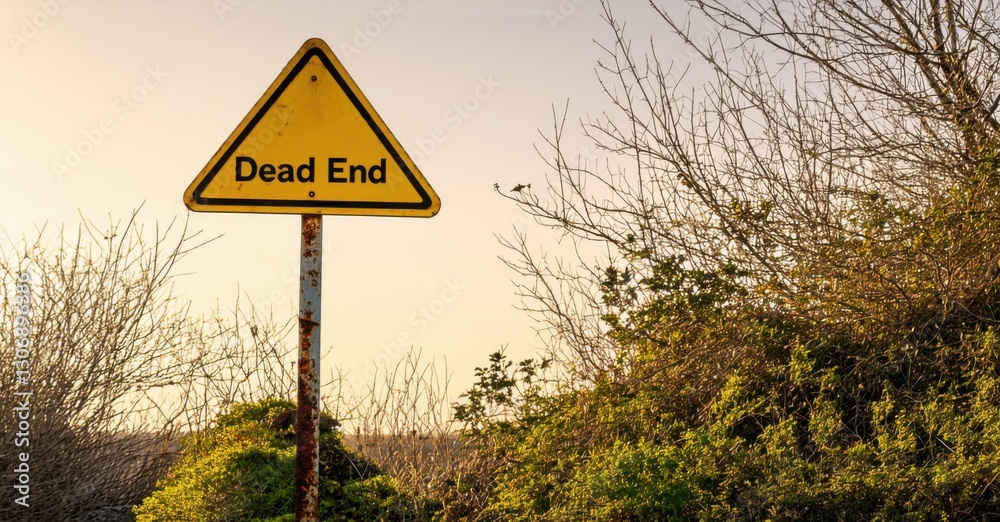 Bright yellow triangular dead end sign black text mounted rusty pole overgrown alleyway softly glowing warm orange sunset Bright yellow triangular dead end sign black text mounted rusty pole overgrown alleyway softly glowing warm orange sunset