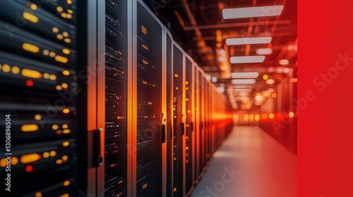 Modern technology data center with rows of advanced server hardware, illuminated by lights, symbolizing cloud computing, big data, and digital security.