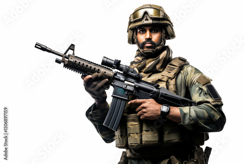 Indian Soldier in Uniform on White Background – Proud, Disciplined, and Brave Military Man Representing Strength, Leadership, and Commitment to Service in the Indian Army with Honor and Courage