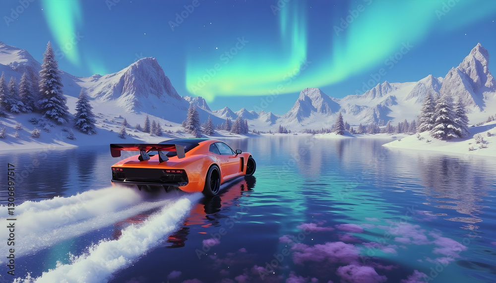 Car on Icy Lake Under the Aurora Borealis and Snowy Mountains Winter Drive Car on Icy Lake Under the Aurora Borealis and Snowy Mountains Winter Drive