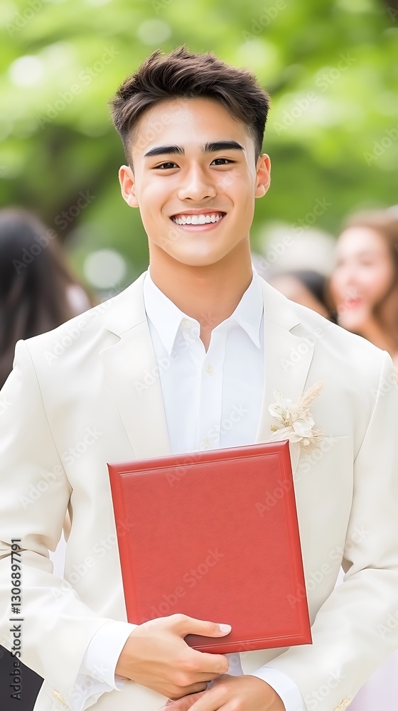 Fototapeta premium Young man in formal suit holding certificate with radiant smile in outdoor setting with people in background