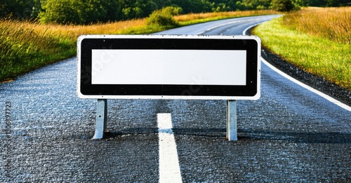 Classic white black rectangular no passing zone sign mounted curved country road softly reflecting freshly paved asphalt